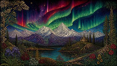 a flowing aurora over snowy peaks, wide sweeping composition, no people, no text