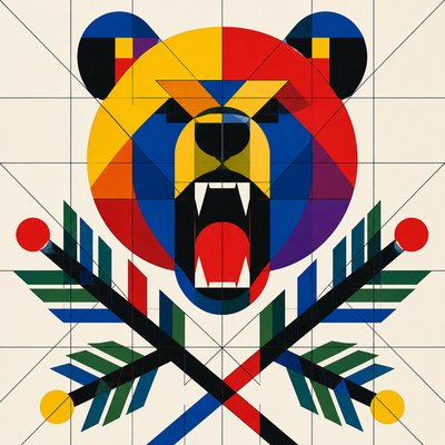 a roaring bear head above crossed pine branches, bold graphic composition on a plain background, no text