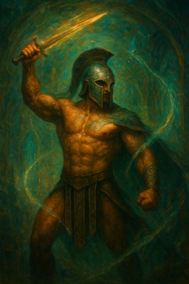 a painting of a spartan holding a sword