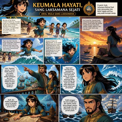 KOMIK tentang Keumala Hayati, Sang Laksamana Sejati

Komik: Awal Mula Sang Laksamana 

Bermain di Tepi Pantai Tumbuh di dekat laut, Keumala Hayati kecil menjadikan pantai sebagai taman bermainnya. Bersama teman-teman sebayanya, ia menghabiskan hari dengan tawa dan keceriaan di atas pasir keemasan.

 Tanpa rasa takut, Keumala berlari paling depan menyambut ombak. Sementara teman-temannya masih ragu di tepi pantai, ia sudah tertawa riang, menunjukkan keberaniannya yang luar biasa. Nyaman di Dalam Air Bagi Keumala, air laut adalah pelukan yang menenangkan. Ia berenang dengan riang, tertawa di antara deburan ombak. Sementara teman-temannya bermain di tepi, Keumala sudah merasa menjadi satu dengan samudra.

Saat senja tiba, Keumala duduk termenung menatap lautan yang tenang. Lautan bukan lagi sekadar tempat bermain, tetapi telah menjadi sahabat sejatinya, saksi bisu dari takdir besar yang menantinya.

Di pesisir Aceh, Laksamana Mahmud Syah mulai menanamkan jiwa bahari kepada putrinya, yang sudah beranjak remaja. "Lihat, Keumala," ujarnya, "Lautan bukan hanya air, tapi medan pertempuran, sumber kehidupan, dan kunci kedaulatan kita. Pahami arusnya, maka kau akan menguasai taktiknya."

Sejak kecil, Keumala Hayati menunjukkan ketertarikan yang luar biasa pada lautan. Di matanya, ombak yang bergulung adalah irama strategi, dan angin laut adalah napas keberanian. Lautan adalah guru pertamanya.

Perbincangan mereka semakin dalam. "Ayah, aku melihat kapal-kapal asing itu semakin berani mendekati perairan kita," kata Keumala Remaja dengan tatapan tajam. Sang Laksamana menjawab, "Itulah mengapa kau harus lebih kuat dari mereka. Bukan hanya dengan senjata, tapi dengan ilmu dan keberanian yang tak pernah padam."
