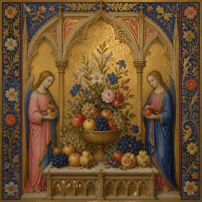 still life arrangement of fruits and flowers