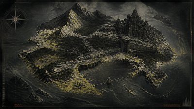a map of an island realm with mountains, forests, a sheltered bay, sea monsters in the water and a compass rose, no text labels