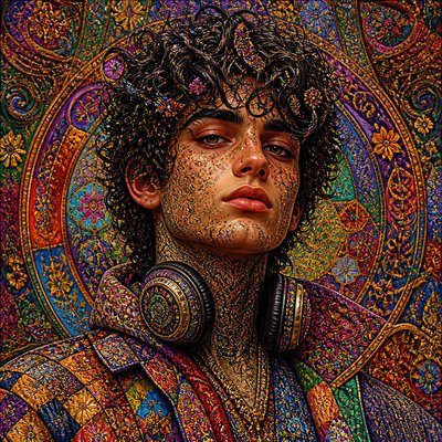 head-and-shoulders portrait of an original character: a young man with curly dark hair and headphones around his neck, plain backdrop, no text