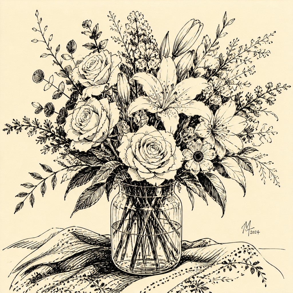 bouquet of flowers in a glass vase — Pen and Ink Drawing Style