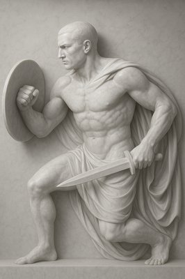 a statue of a man holding a shield and a sword