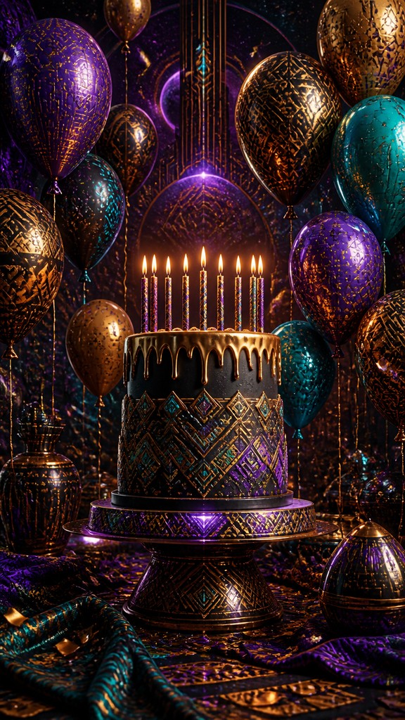 a birthday cake with lit candles surrounded by balloons and confetti, festive vertical composition, no text