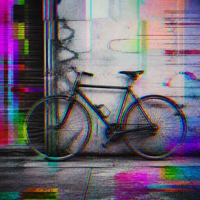 bicyle resting against a wall — Glitch Art Style