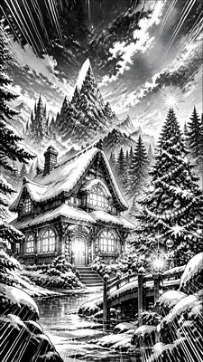 a snow-covered cottage with warm glowing windows beside a decorated pine tree, gentle snowfall, no text