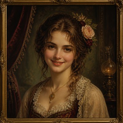 head-and-shoulders portrait of an original character: a young woman with wavy chestnut hair and a warm smile, plain soft backdrop