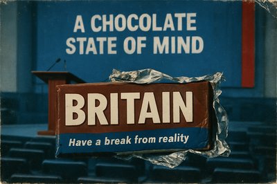 Image Brief — “Britian. A Chocolate State of Mind.” (Landscape / Conference Hall)

Visual Concept:
A photographic, data-style image capturing the absurdity of corporate branding and political satire. The chocolate bar spelling “Britian” is the central focus. The scene is staged in a conference hall, emphasizing the formal-but-absurd atmosphere of a high-profile political event.

Core Elements:
	•	Chocolate bar front and center, wrapper crumpled, spelling clearly visible.
	•	Backdrop / environment: realistic conference hall — lectern in the frame, faint rows of seating or stage elements, subtle signs of a political event. No office props.
	•	Palette: predominantly blue tones (lighting, hall décor, banners), with small Tory-signifier accents (navy, subtle red) to hint at political context.
	•	Orientation: landscape (wide) — must match the style and aspect ratio of other blog images.
	•	Lighting / style: naturalistic photography; soft, realistic shadows; slightly moody, surreal undertone; no cartoonish or illustrative effects.
	•	Mood / atmosphere: dry, ironic, subtly surreal — visually echoing Tom Kite’s sardonic, satirical voice.

Typography (optional):
Small text on wrapper: “Have a break from reality” in clean, bold type, integrated naturally into the photographic scene.

Use / Context:
	•	Featured image for blog post “Britian. A Chocolate State of Mind.”
	•	Must work as both thumbnail and full-size blog header.
	•	Maintain photographic, slightly surreal style consistent with other blog imagery

Inspiration is Hannah Hoch, Jean-Michel Basquiat, John Stezaker
