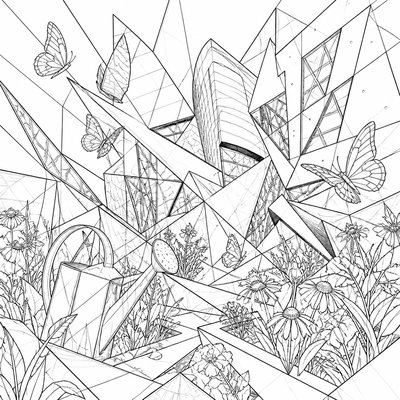 a garden scene with butterflies, flowers and a watering can, clean uncolored line art, no text