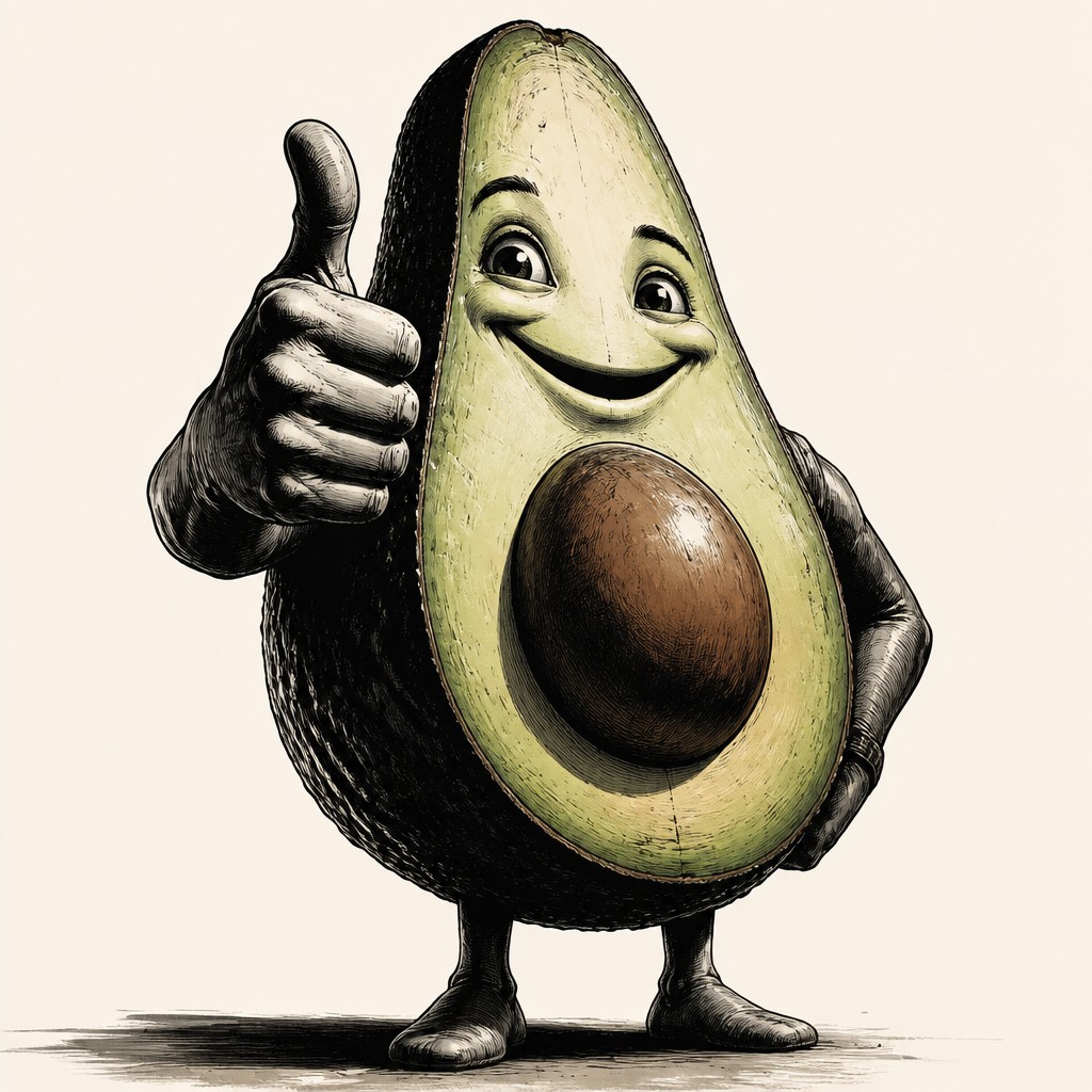 a happy avocado character giving a thumbs up, bold readable design on a plain background, no text