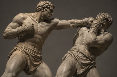 ancient greek boxer punching his opponent who is covering his face from the blow