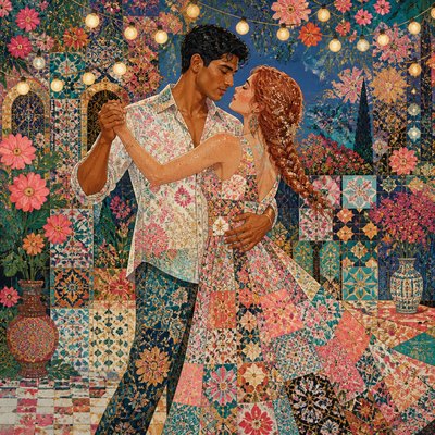 an original couple dancing under string lights in a garden at dusk: a man with short black hair in a linen shirt and a woman with braided red hair in a summer dress