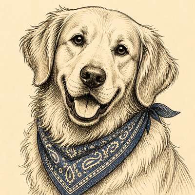 portrait of a golden retriever wearing a blue bandana, warm plain backdrop, no text