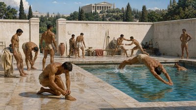 illustration depicting ancient greek athletes exercising at the pool