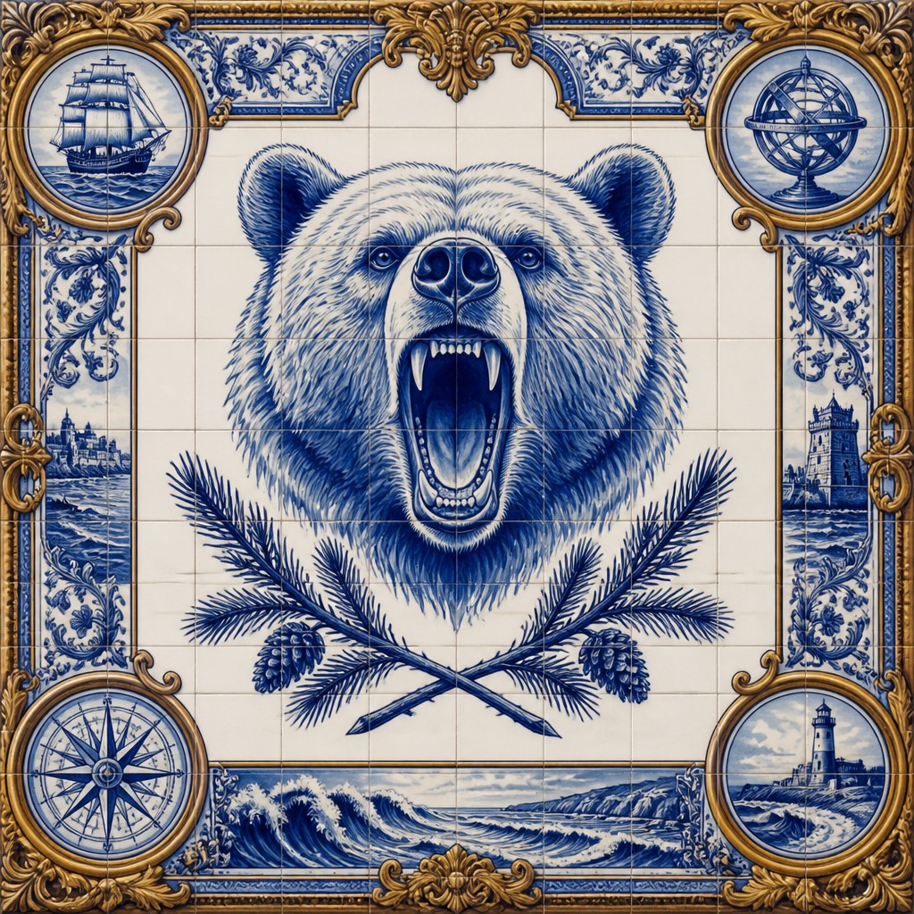 a roaring bear head above crossed pine branches, bold graphic composition on a plain background, no text