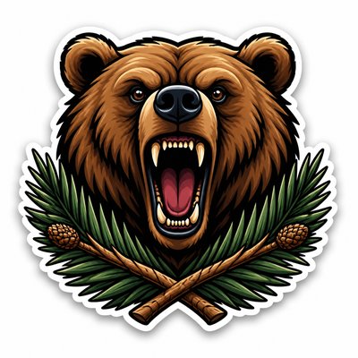 a roaring bear head above crossed pine branches, bold graphic composition on a plain background, no text