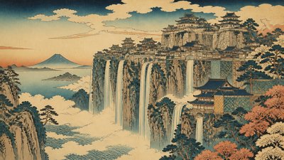 a cliffside city with waterfalls cascading into a misty canyon, wide establishing shot, no people, no text