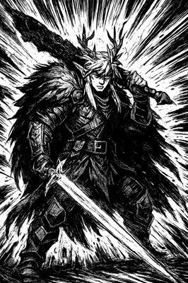a black and white drawing of a man with a sword