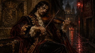 A weary violinist in a rain-soaked alley, eyes glowing under neon reflections