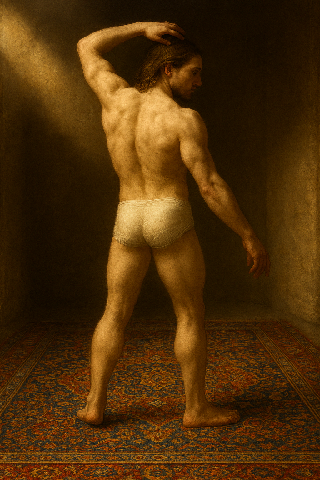 a painting of a man in underwear standing in a room