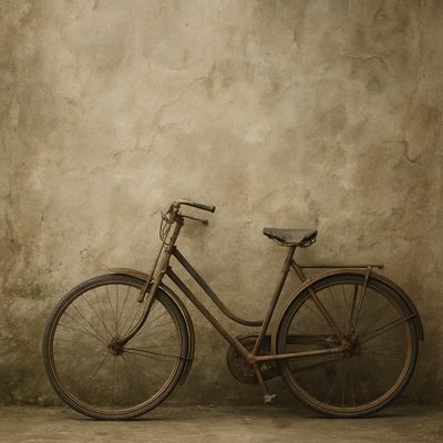 bicyle resting against a wall