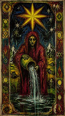 a robed figure pouring water beneath a large eight-pointed star in a night sky, symmetrical composition with an ornate decorative border, no text