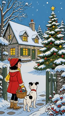 a snow-covered cottage with warm glowing windows beside a decorated pine tree, gentle snowfall, no text