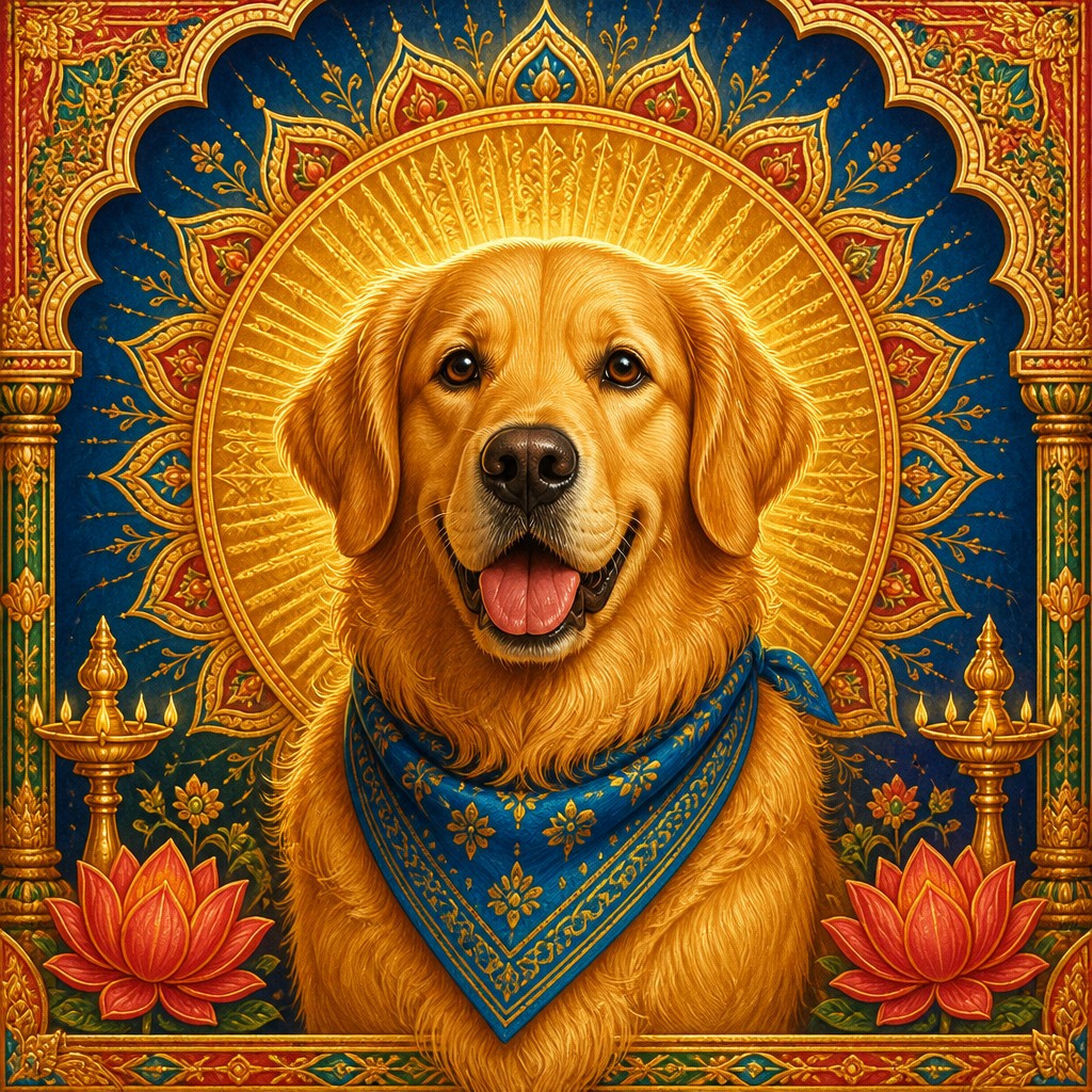 portrait of a golden retriever wearing a blue bandana, warm plain backdrop, no text