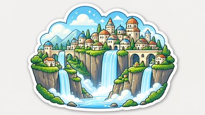 a cliffside city with waterfalls cascading into a misty canyon, wide establishing shot, no people, no text