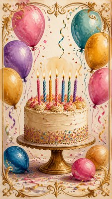 a birthday cake with lit candles surrounded by balloons and confetti, festive vertical composition, no text