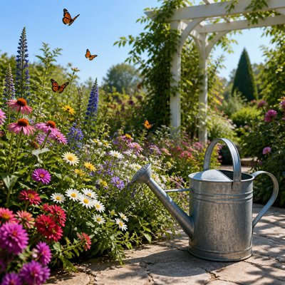 a garden scene with butterflies, flowers and a watering can, clean uncolored line art, no text