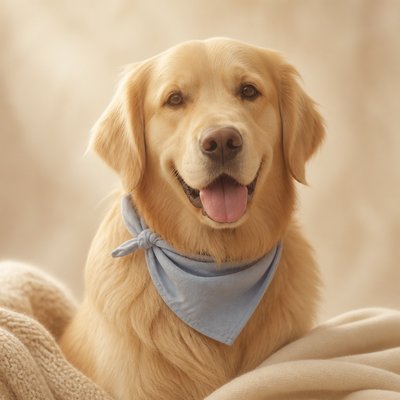 portrait of a golden retriever wearing a blue bandana, warm plain backdrop, no text