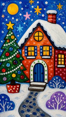 a snow-covered cottage with warm glowing windows beside a decorated pine tree, gentle snowfall, no text