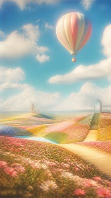 a hot air balloon drifting over rolling flower fields on a sunny day, cheerful, no text