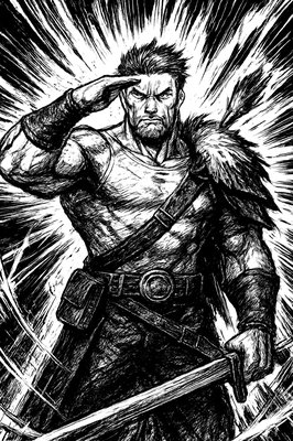a black and white drawing of a man holding a sword