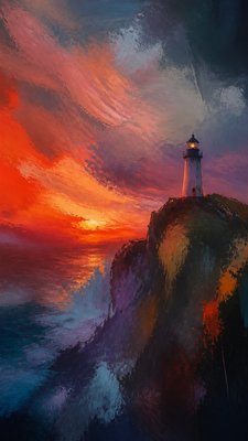 a lone lighthouse on a cliff at dusk under a dramatic sky, no text or lettering