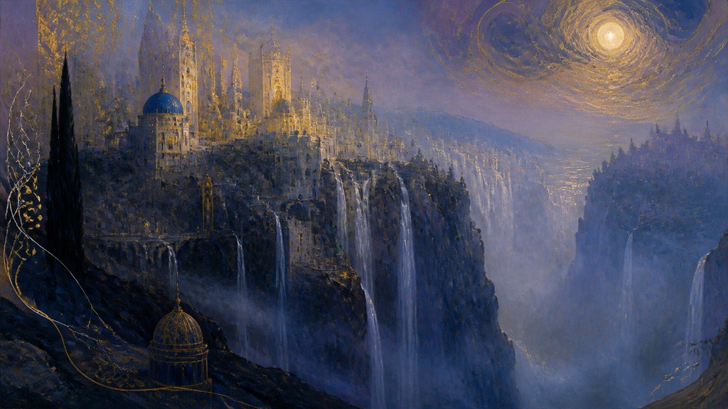 a cliffside city with waterfalls cascading into a misty canyon, wide establishing shot, no people, no text
