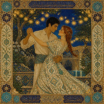 an original couple dancing under string lights in a garden at dusk: a man with short black hair in a linen shirt and a woman with braided red hair in a summer dress
