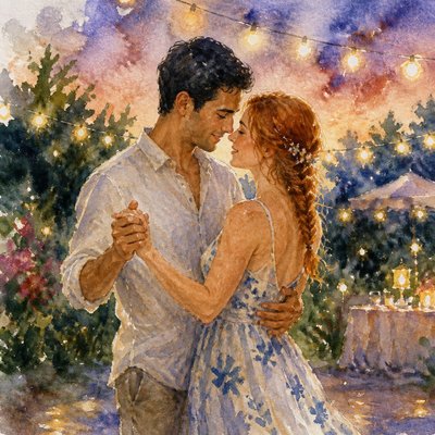 an original couple dancing under string lights in a garden at dusk: a man with short black hair in a linen shirt and a woman with braided red hair in a summer dress