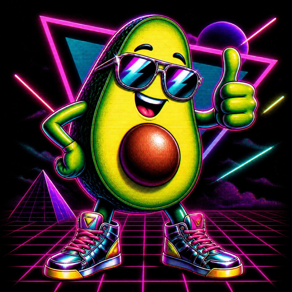 a happy avocado character giving a thumbs up, bold readable design on a plain background, no text
