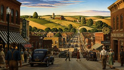 bustling city street panorama at dusk