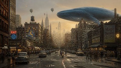 bustling city street panorama at dusk