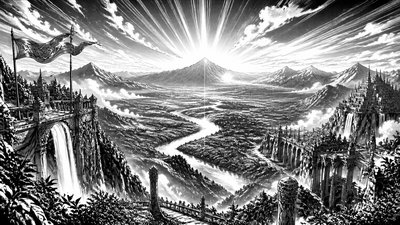 a vast valley with a river winding toward distant mountains at sunrise, no people, no text