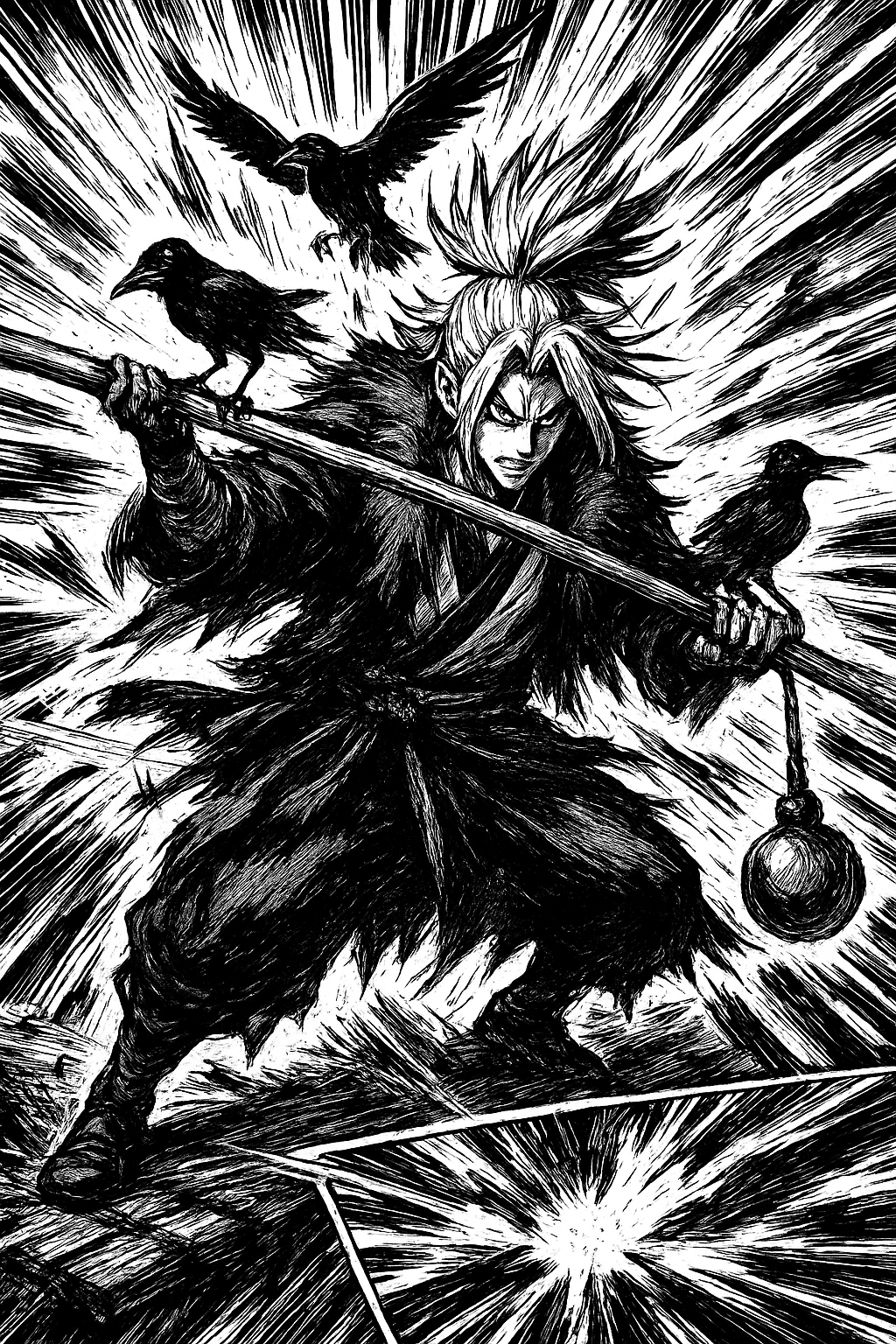 a black and white drawing of a man holding a sword