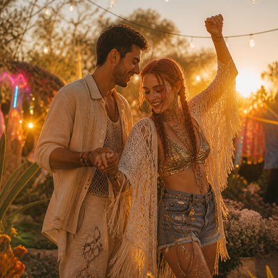 an original couple dancing under string lights in a garden at dusk: a man with short black hair in a linen shirt and a woman with braided red hair in a summer dress