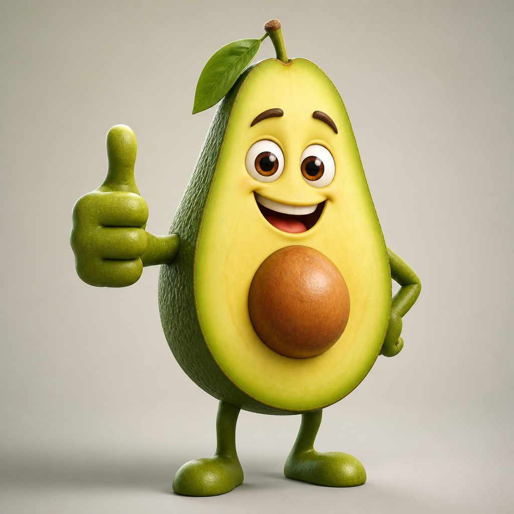 a happy avocado character giving a thumbs up, bold readable design on a plain background, no text