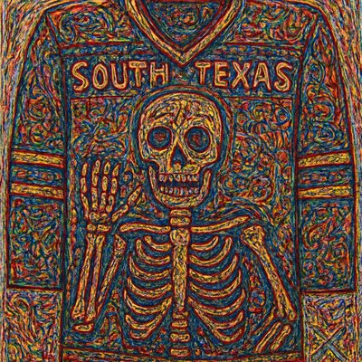 DESIGN ME A HOCKEY JERSEY WITH A SKELETON DESIGN THAT REPRESENTS SOUTH TEXAS
