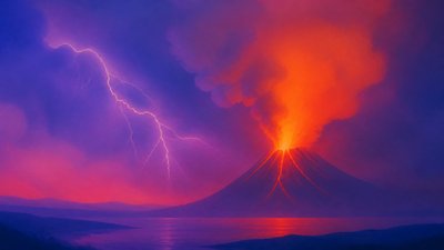 an erupting volcano with lightning strikes, dramatic wide composition, no text